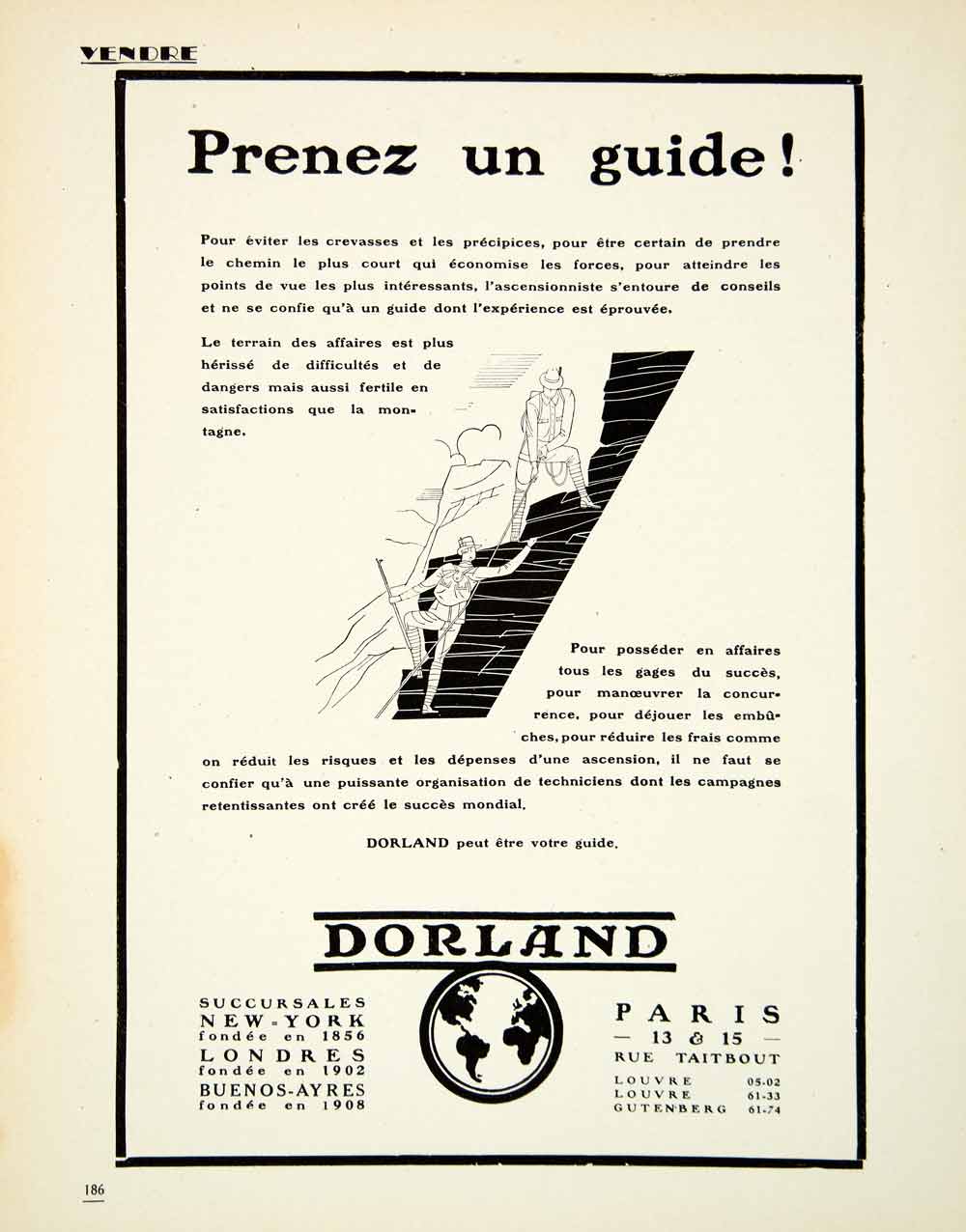 1926 Ad Dorland 13 Rue Taitbout Mountain Climber Advertising Publicity VENA3