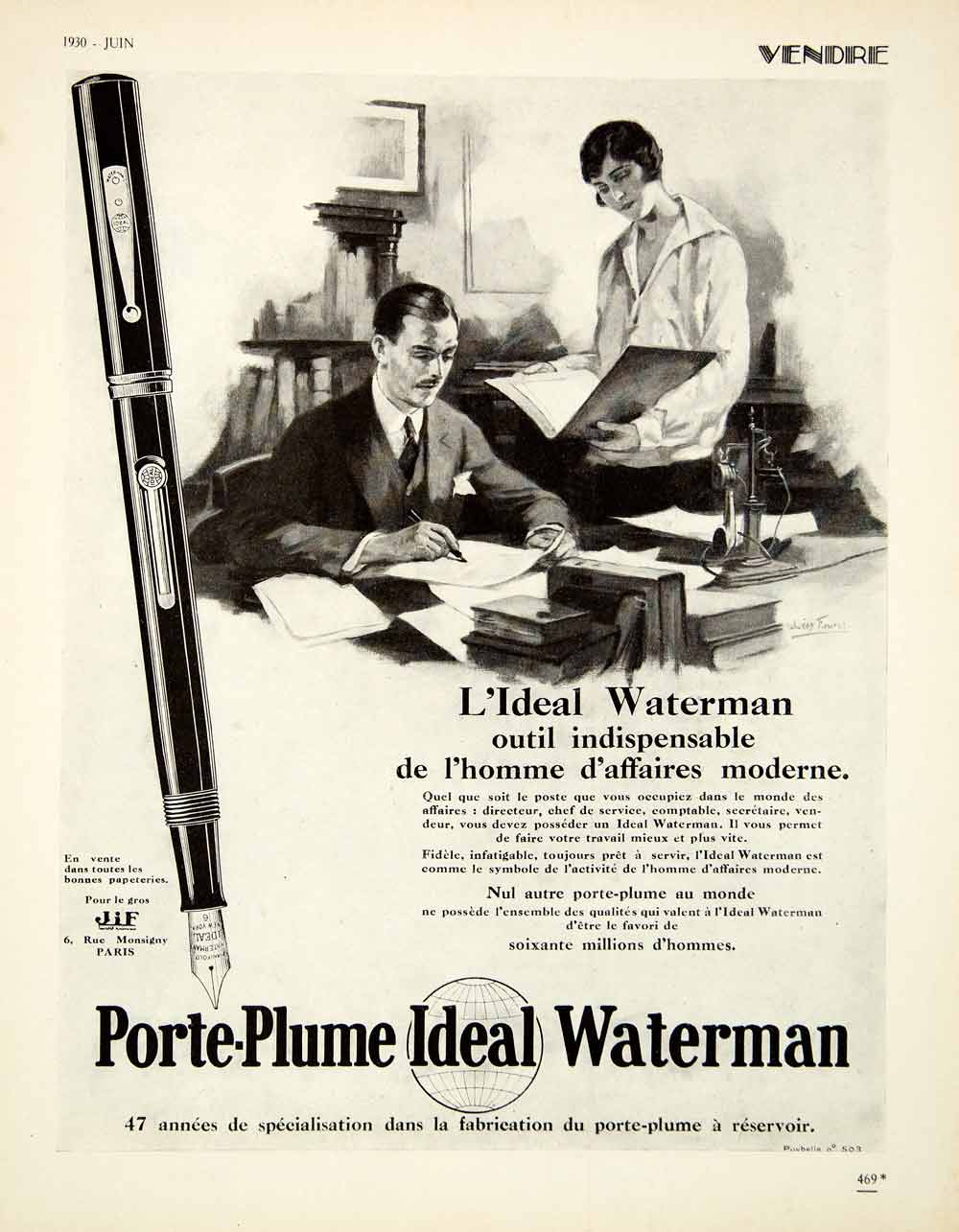 1930 Ad Waterman Fountain Pen 6 Rue Montsigny Writing Utensil Leon Fauret VENA3