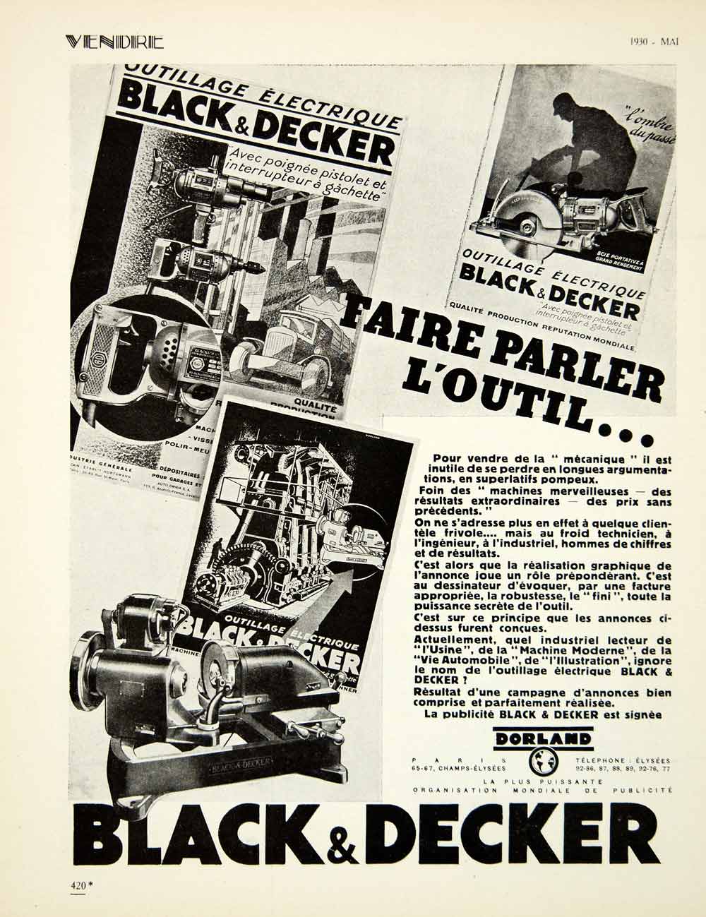 1930 Advert Black & Decker Dorland Tool Hand Saw Generator Industrial VENA3