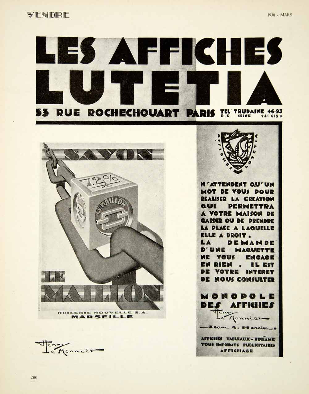 1930 Ad Lutetia Henry Le Monnier Jean A Mercier Maillon Soap 53 Rue VENA3