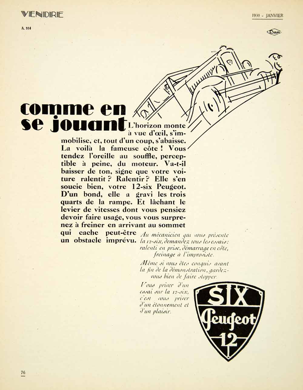 1930 Ad Peugeot DAM Automobile Vehicle Car Transportation French 12-Six VENA3