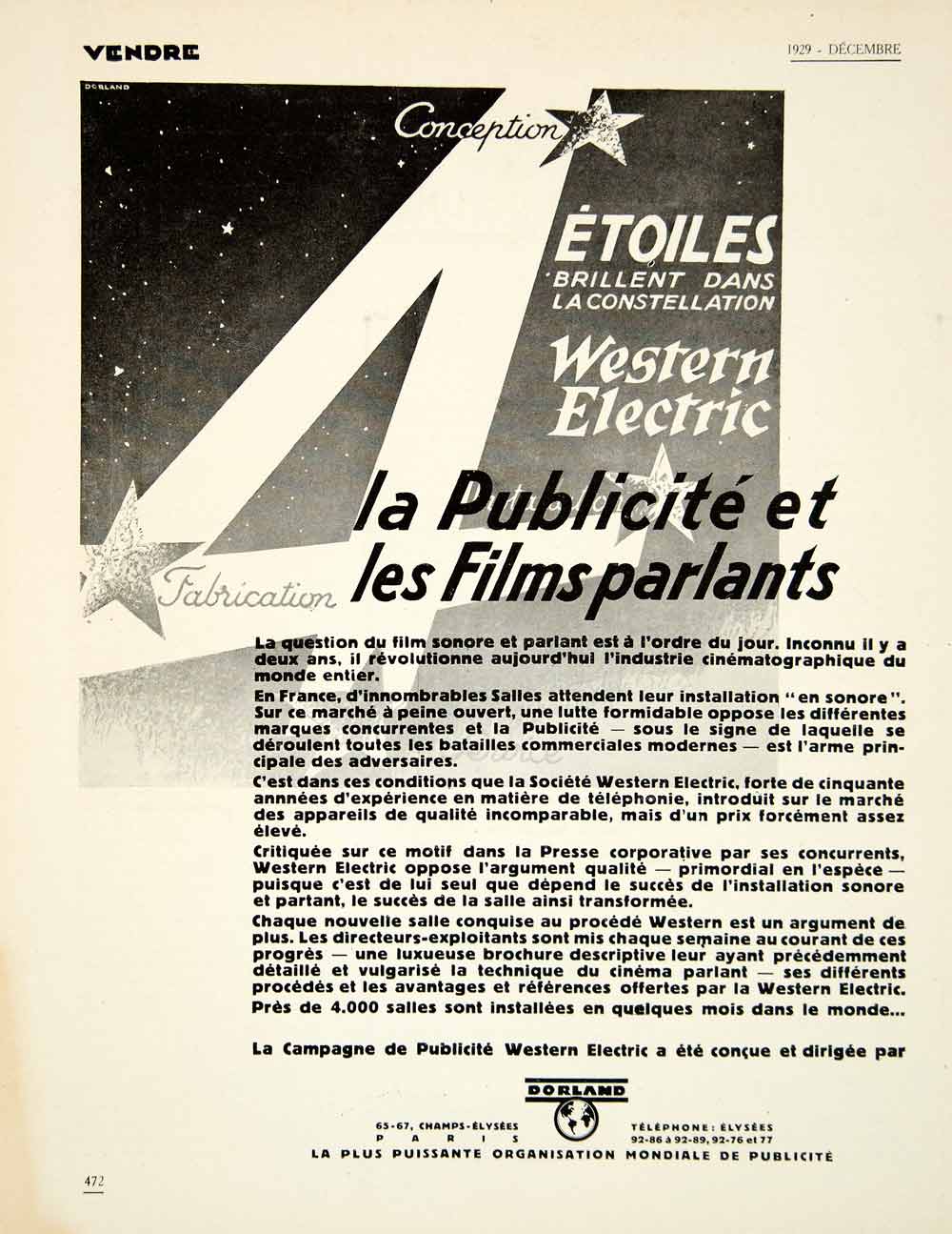1929 Ad Dorland Western Electric Advertising Agency Talking Pictures Star VENA3