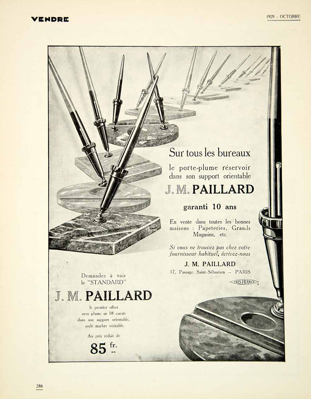 1929 Ad J M Paillard 17 Passage Saint-Sebastien Pen Holder Stand Writing VENA3