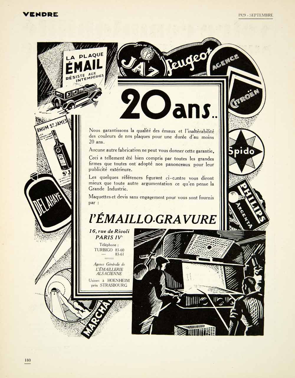 1929 Ad Emaillo-Gravure 16 Rue Rivoli Paris Peugeot Citroen Spido Philips VENA3