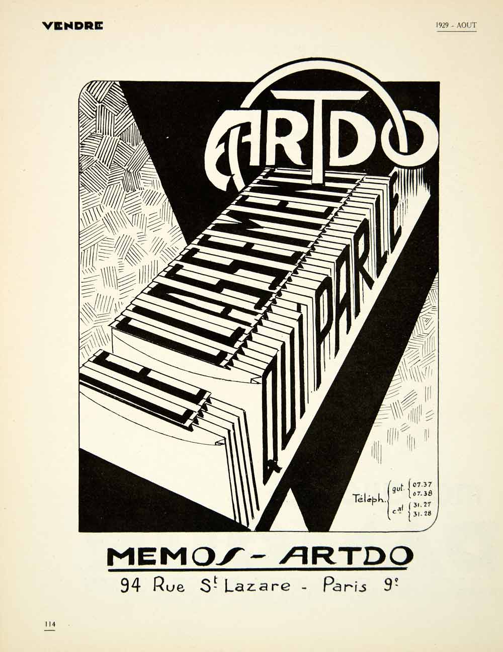 1929 Advert Memos Artdo Filing Systems 94 Rue St. Lazare Paris French VENA3