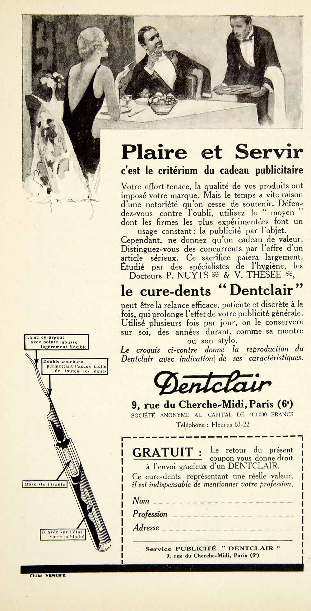 1927 Ad Dentclair Toothpick P Nuyts V Thesee 9 Rue Cherche-Midi Paris VENA3