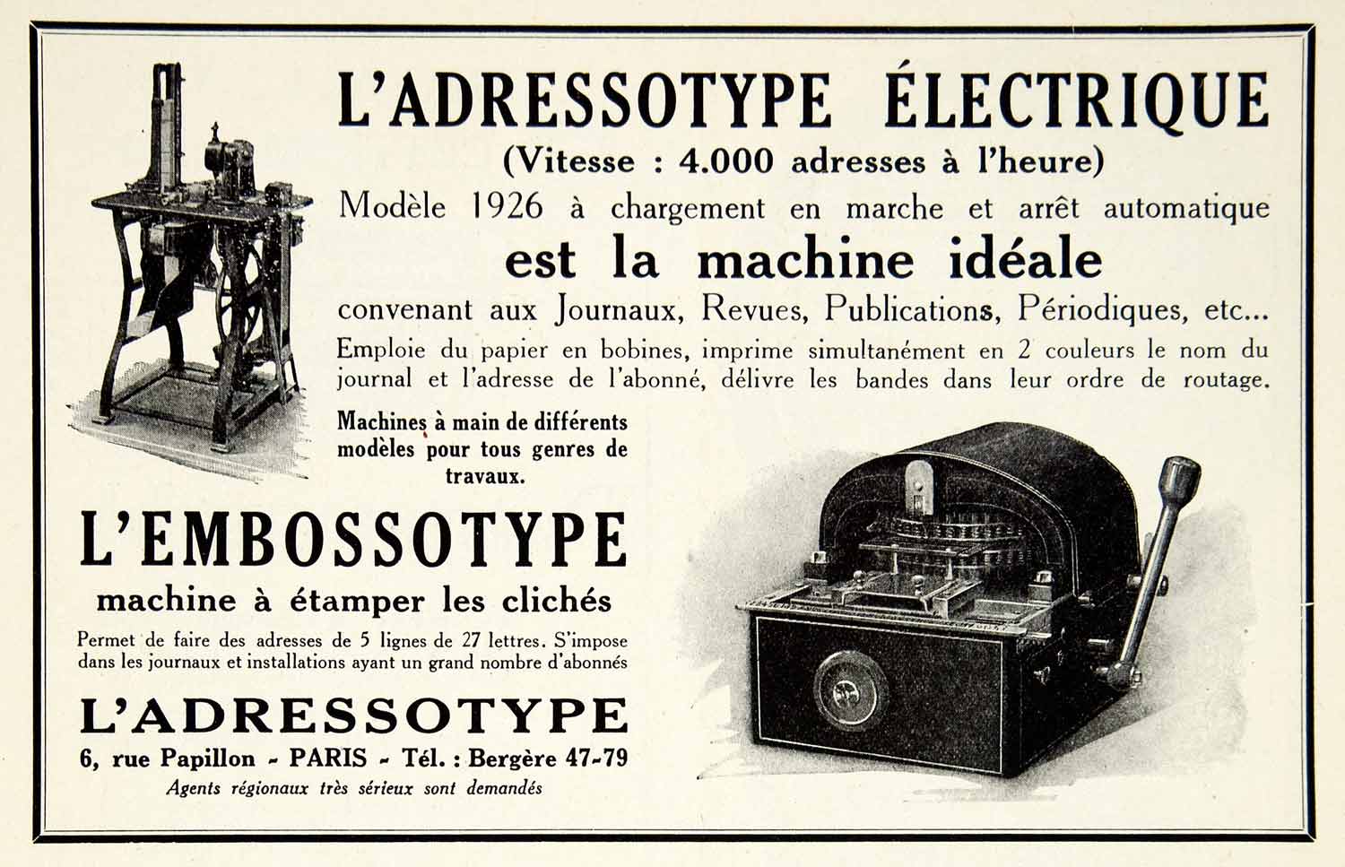 1927 French Ad Adressotype Electric Addressograph 6 Rue Papillon Paris VENA3