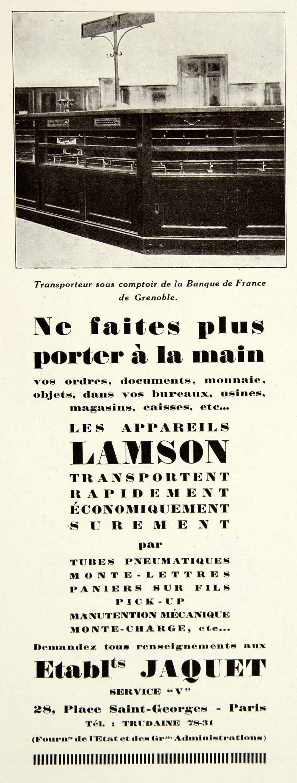 1928 Ad Lamson Jaquet 28 Place St Georges Pneumatic Tube System Banque VENA3