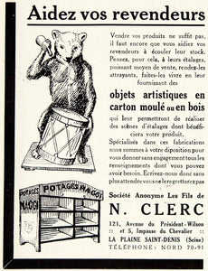 1927 Ad Wooden Bear N Clerc 121 Ave President-Wilson Advertising Display VENA3