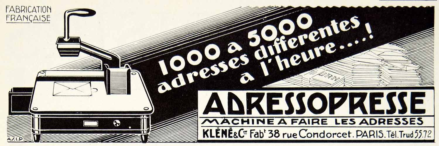 1927 Advert Adressopresse Klene 38 Rue Condorcet Paris Address Machine VENA3