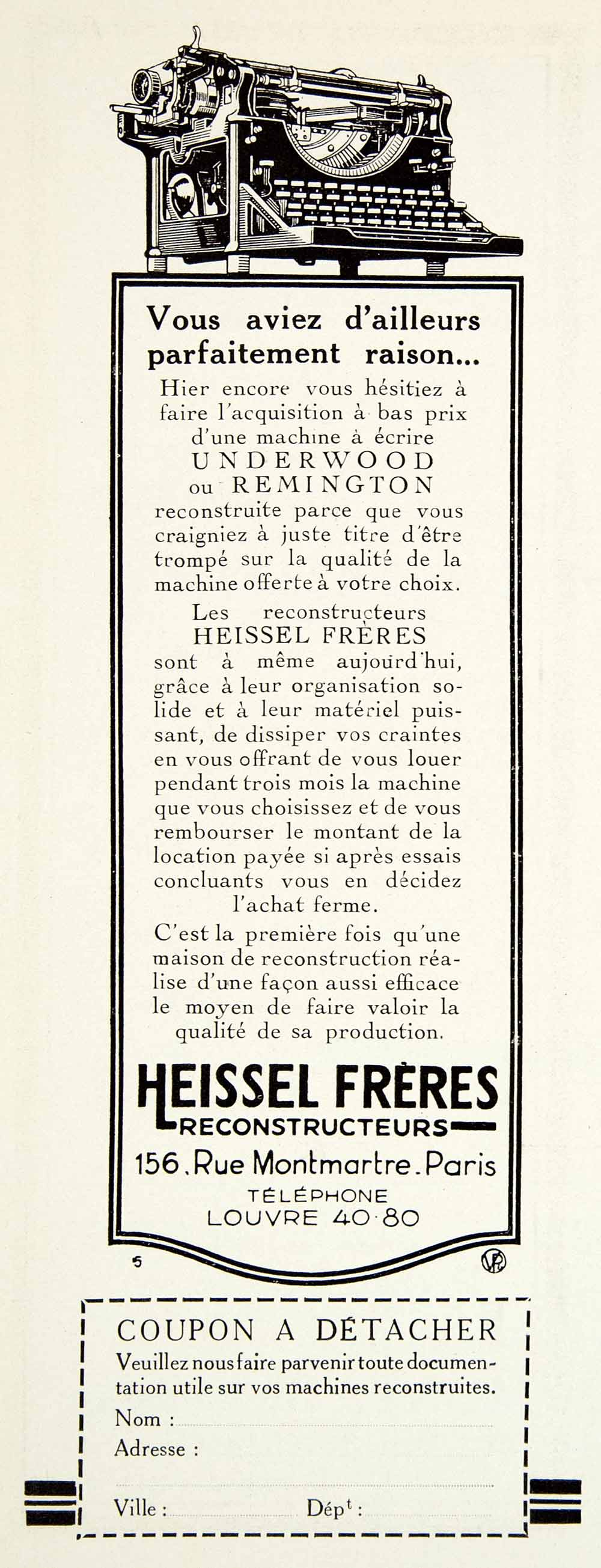1927 Ad Heissel Freres 156 Rue Montmartre Paris Underwood Remington VENA3