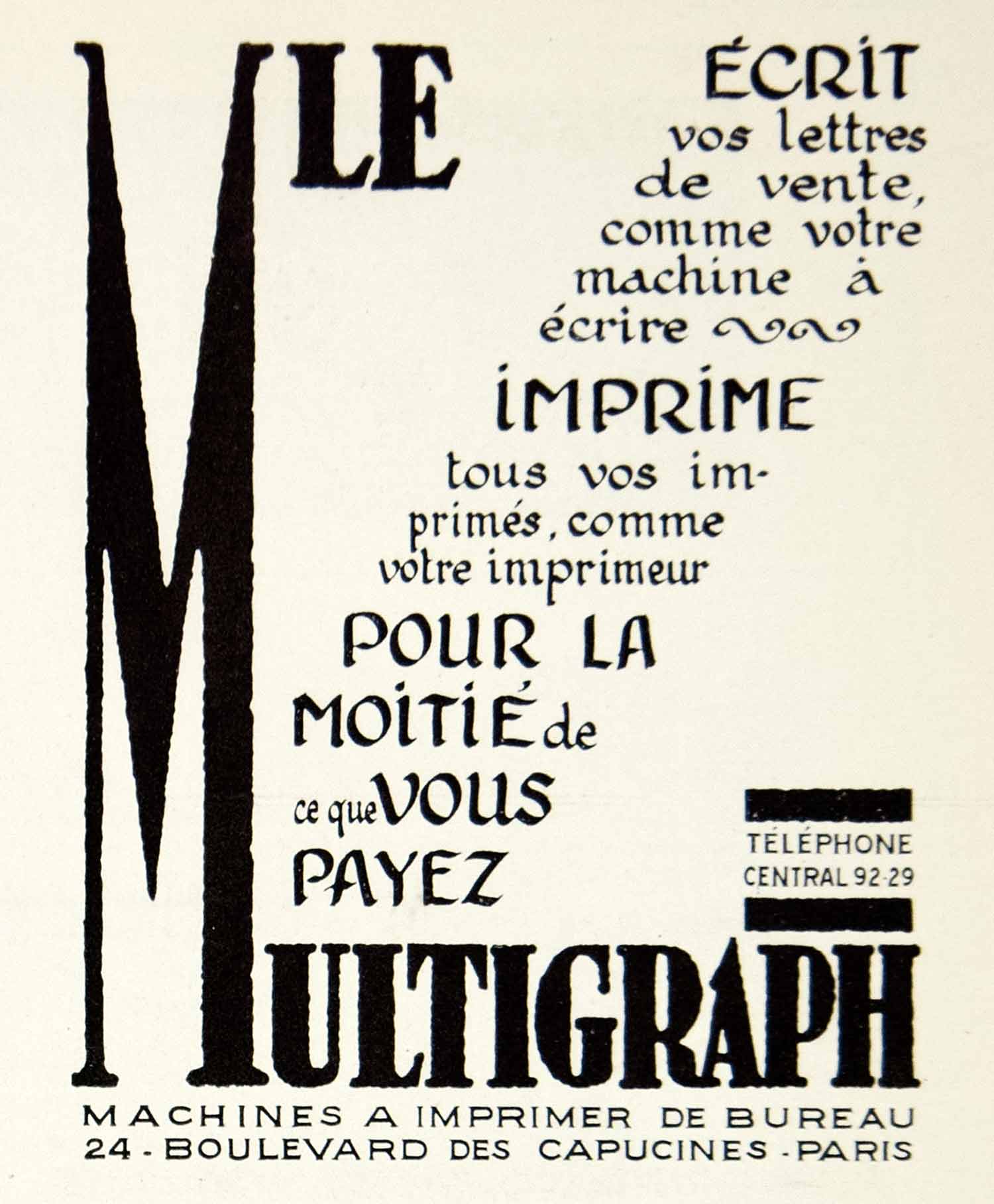1927 Advert Multigraph 24 Blvd Capucines Paris Office Printing Machine VENA3