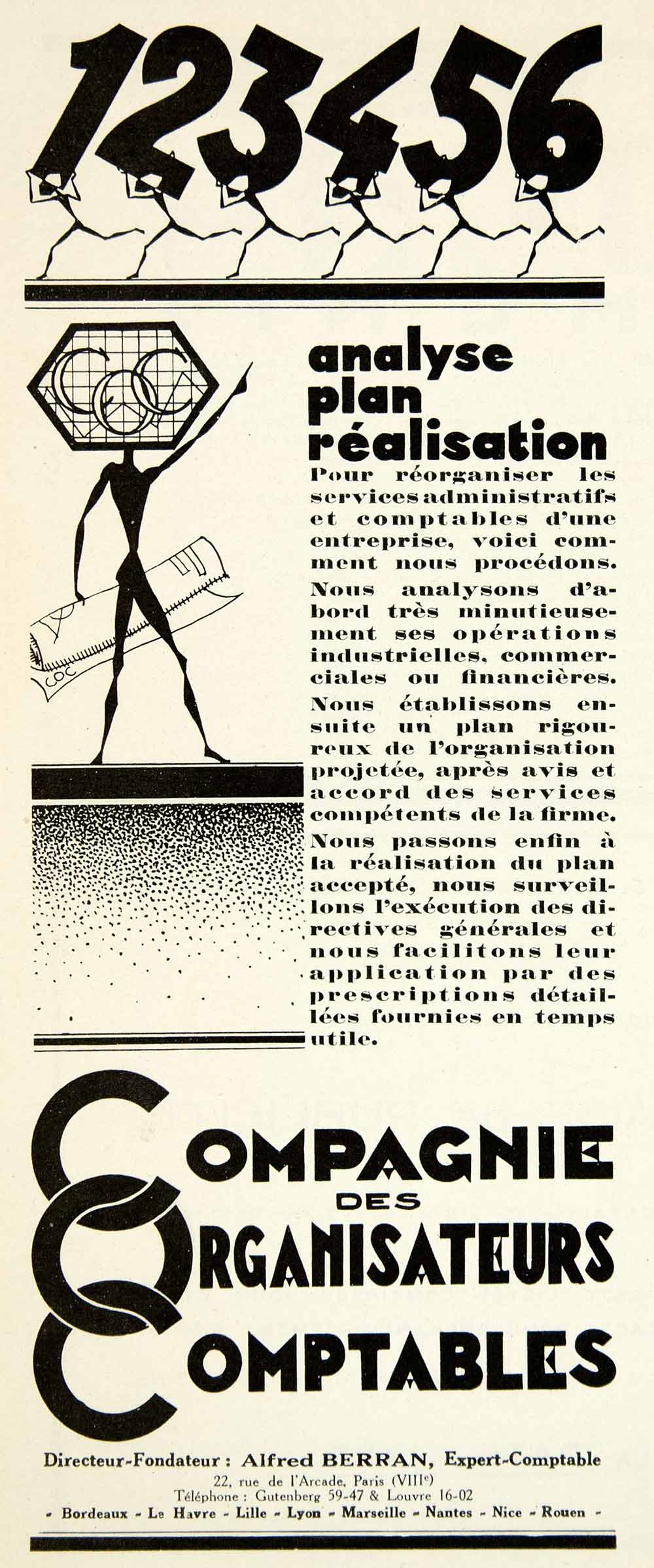 1929 Advert Compagnie Organisateurs Comptables Accounting Alfred Berran VENA3