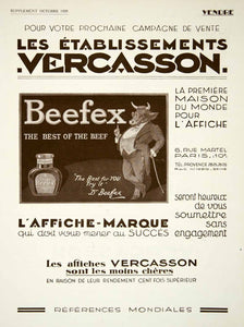 1929 Ad Vercasson 6 Rue Martel Paris French Advertising Agency Beefex Bull VENA3