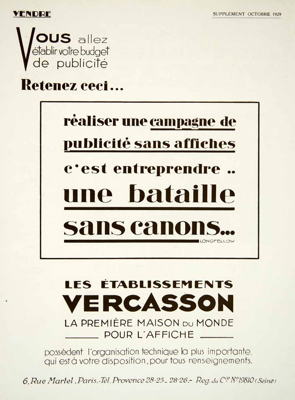 1929 Ad Vercasson 6 Rue Martel Paris French Advertising Agency Beefex Bull VENA3