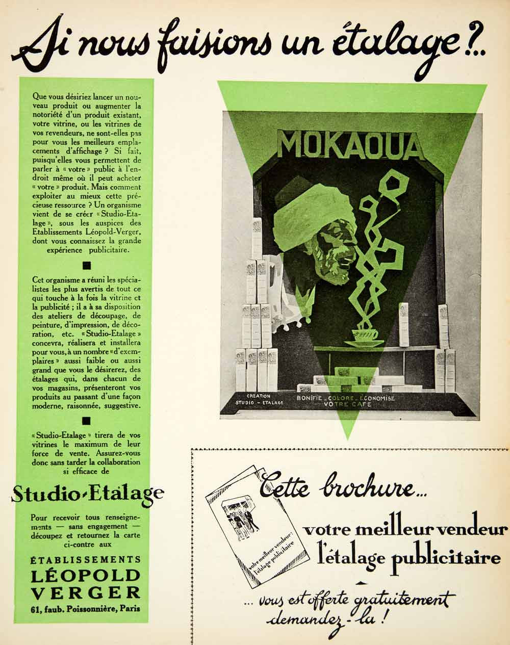1926 Ad Mokaoua Leopold Verger Studio-Etalage Display 61 Faubourg VENA3 - Period Paper
 - 1