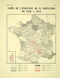 1955 Vintage Map France Population Change 1946-1954 Departments Demography VENA4