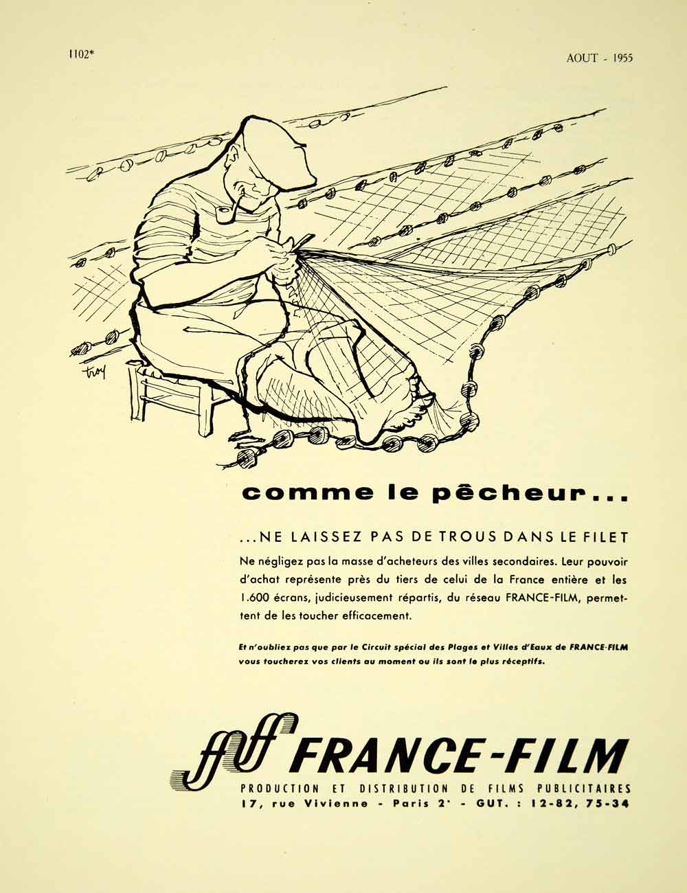 1955 Lithograph Ad France-Film French Advertising Fisherman Mending Net VENA4