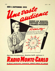 1955 Lithograph Vintage Ad Radio Monte Carlo Monaco French Announcer RMC VENA4 - Period Paper
