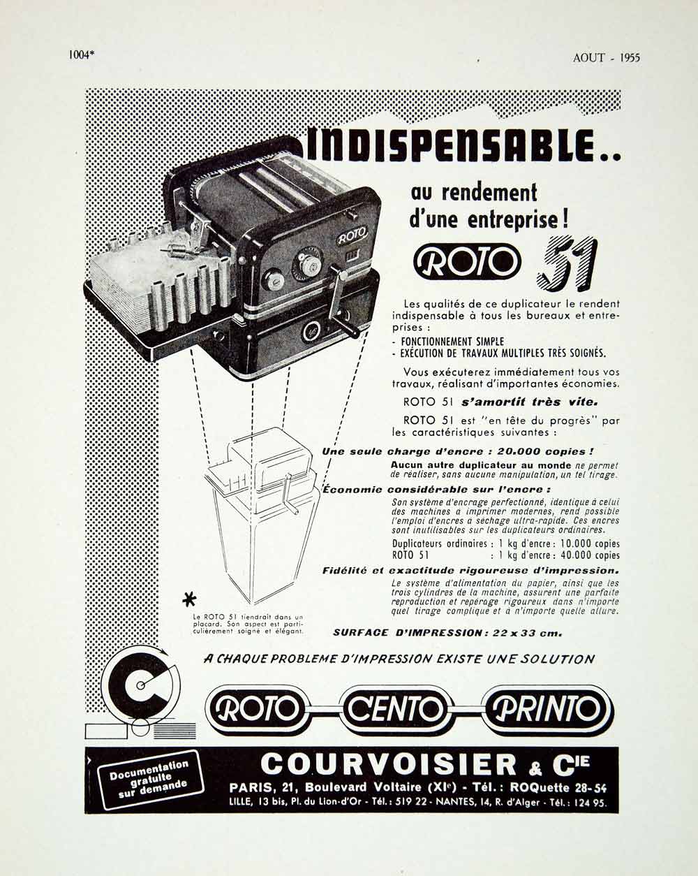 1955 Ad Vintage French Roto 51 Duplicator Office Machine Courvoisier & Cie VENA4