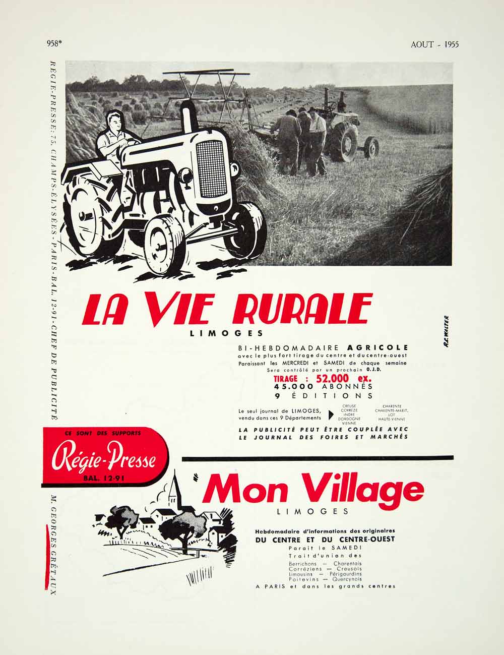 1955 Lithograph Ad La Vie Rurale French Agricultural Magazine Tractor Farm VENA4