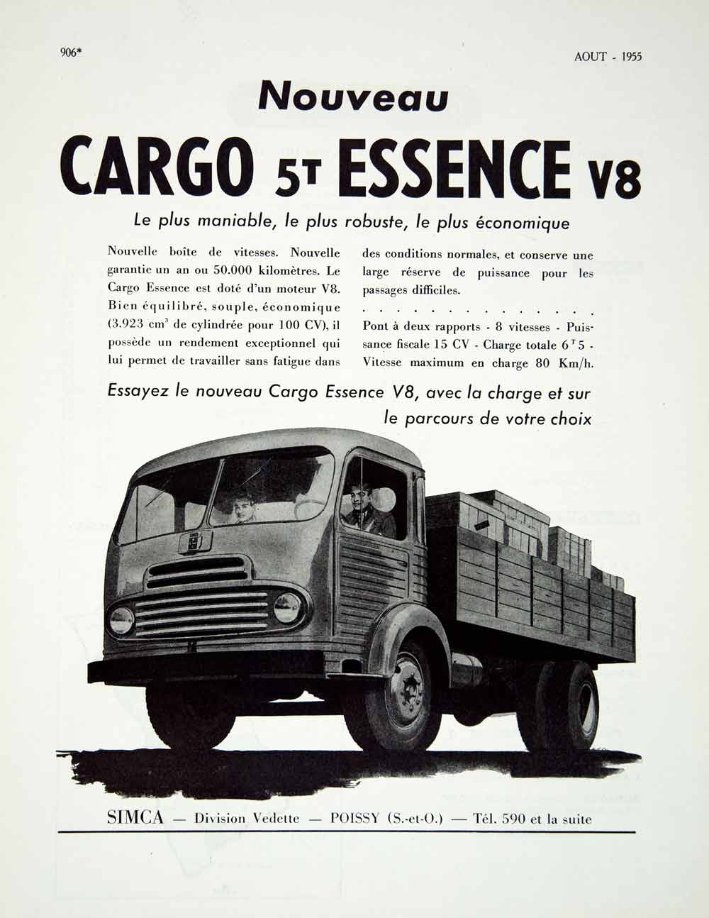 1955 Ad Vintage French Simca Cargo Essence Truck V8 Vehicle Poissy France VENA4