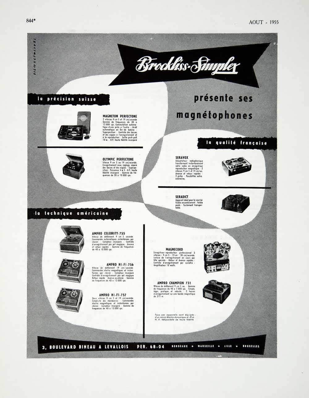 1955 Lithograph Ad Vintage Brockliss-Simplex Tape Recorders Magnetophones VENA4