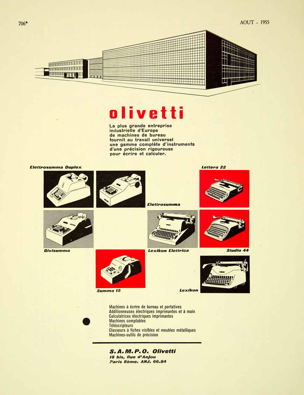 1955 Lithograph French Ad Olivetti Adding Machines Typewriters Vintage VENA4