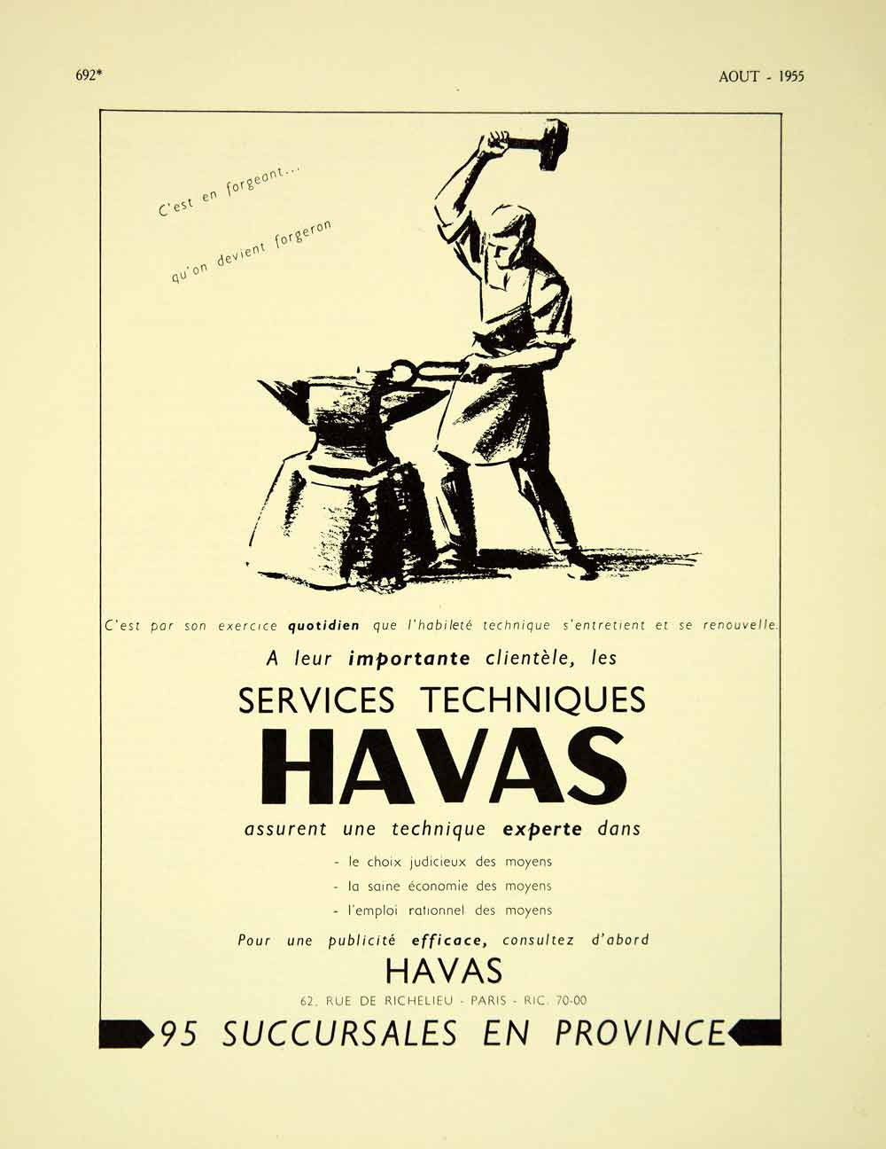 1955 Lithograph Vintage Ad Havas French Advertising Blacksmith Anvil Forge VENA4 - Period Paper
