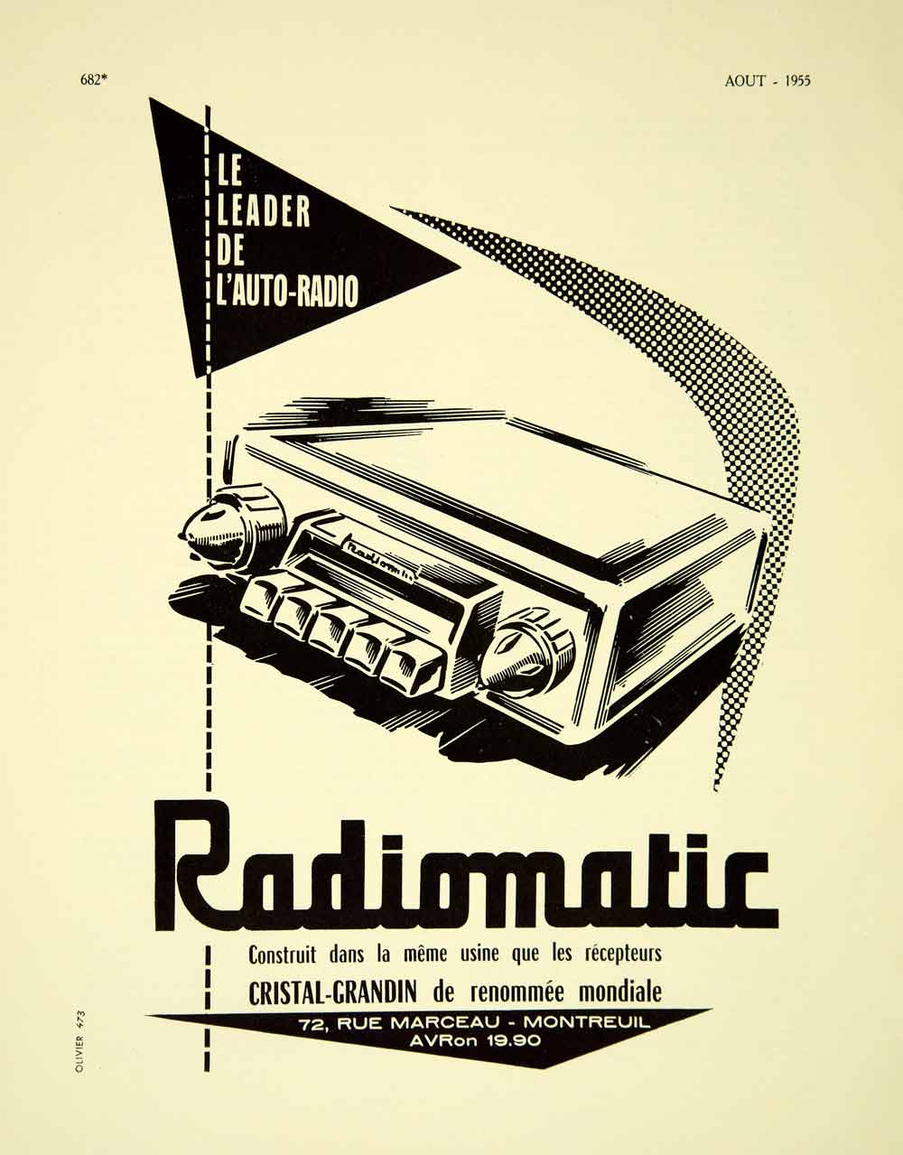 1955 Lithograph French Ad Radiomatic Car Radio Cristal Grandin Automobile VENA4
