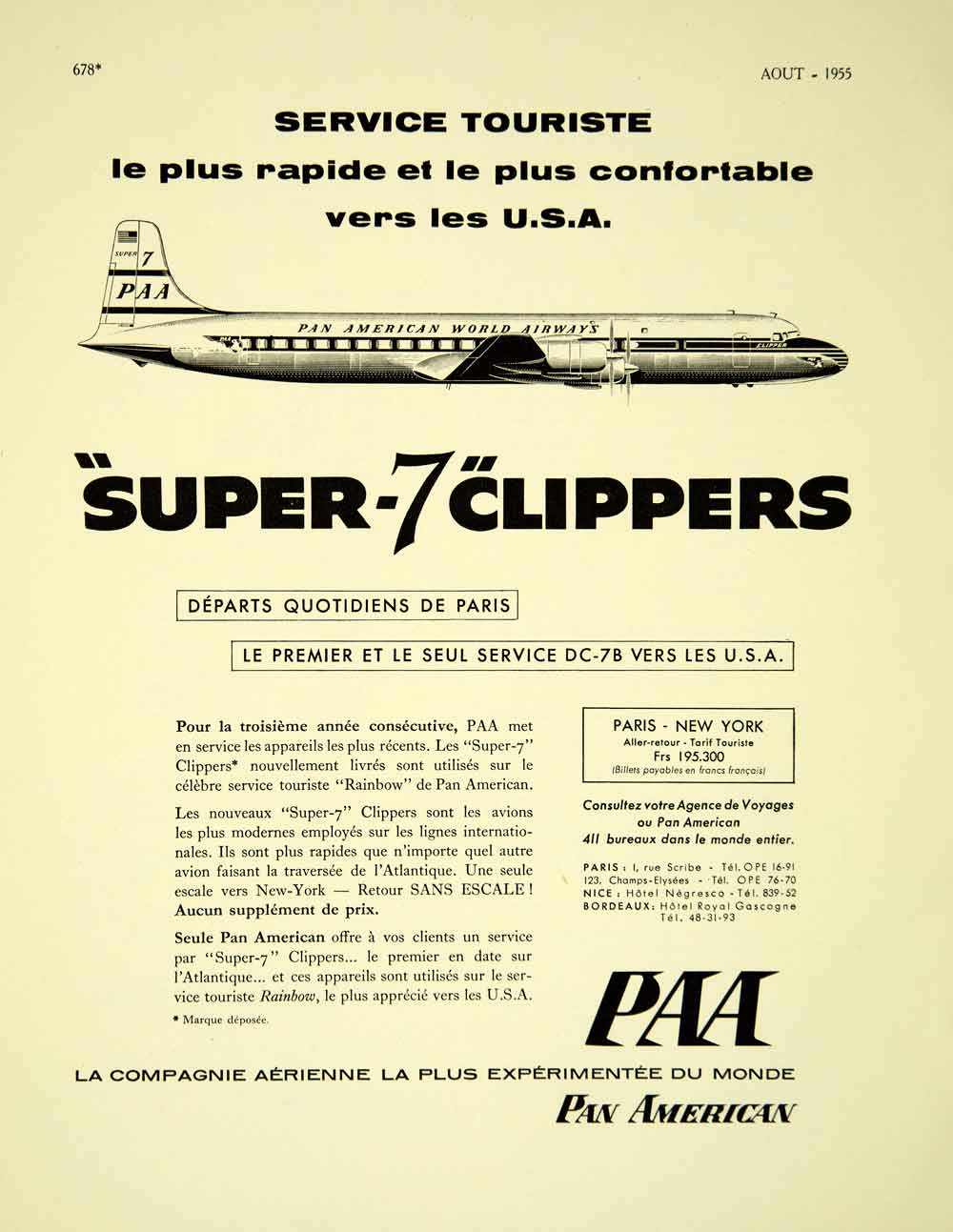 1955 Lithograph French Ad Pan American Super 7 Clipper Airplane Vintage VENA4
