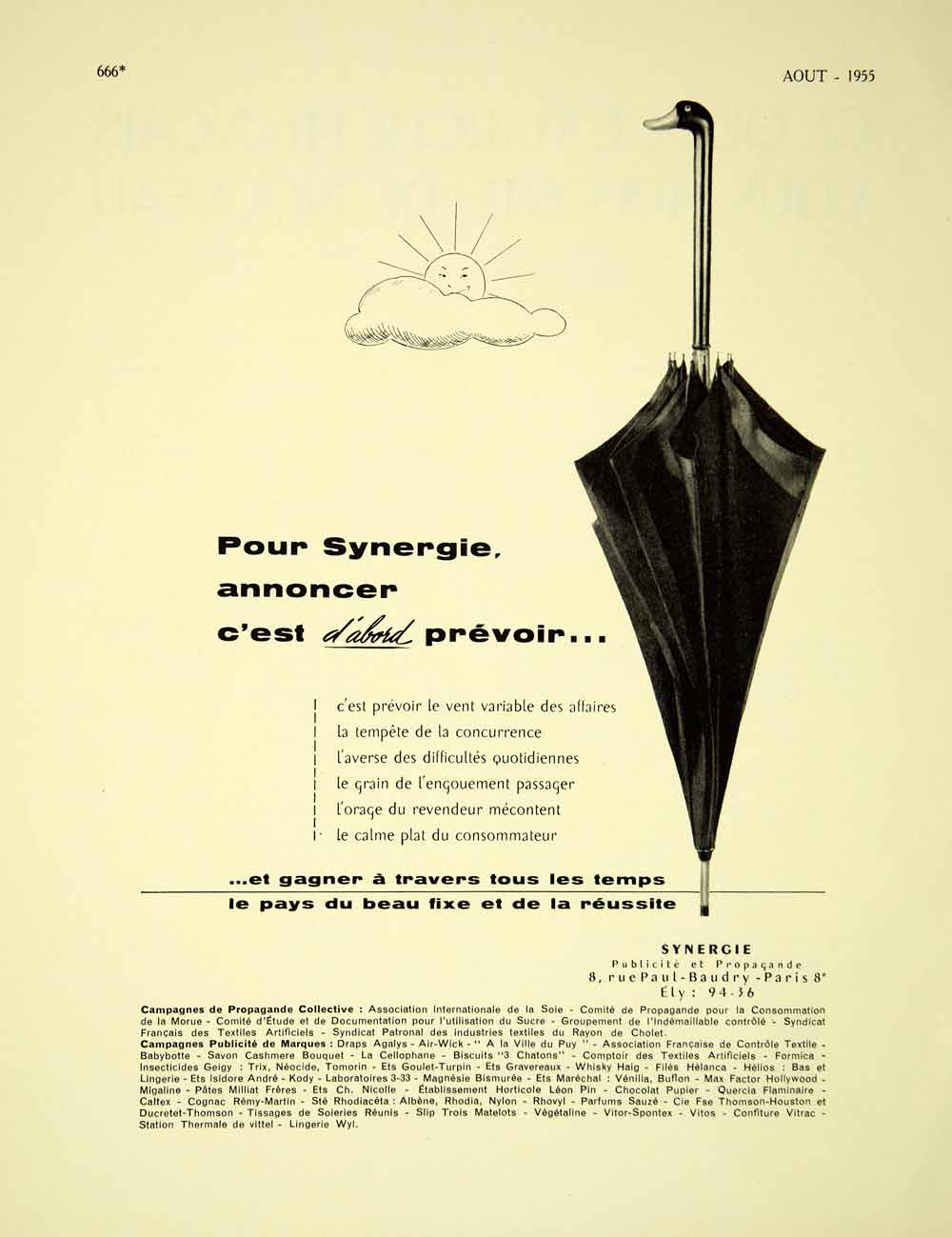 1955 Ad Vintage Synergie French Advertising Agency Publicite Rain Umbrella VENA4