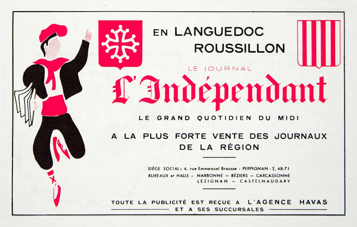 1955 French Vintage Ad L'Independant Newspaper Languedoc-Roussillon France VENA4
