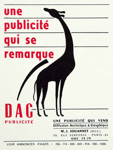 1955 Lithograph Vintage Ad Dag Publicite French Advertising Agency Giraffe VENA4
