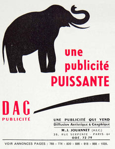 1955 Lithograph Ad Dag Publicite French Advertising Agency Paris Elephant VENA4
