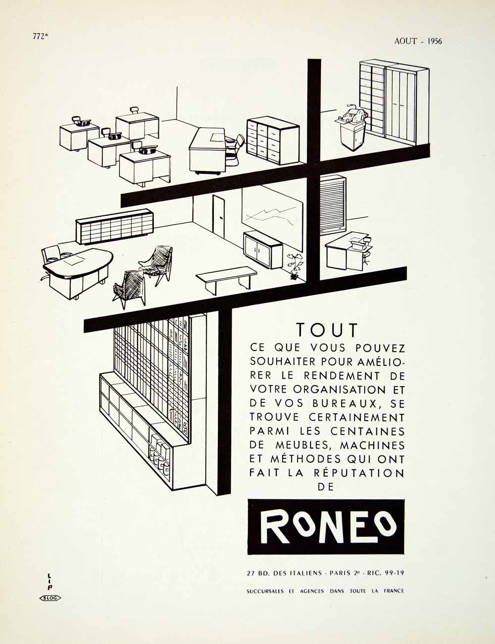 1956 Lithograph French Ad Roneo Office Furniture Desk Chair Files Business VENA5