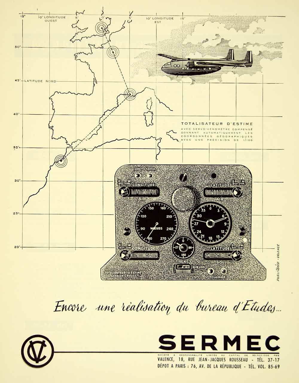 1956 Lithograph Ad Sermec Aviation Navigation Latitude Longitude Equipment VENA5