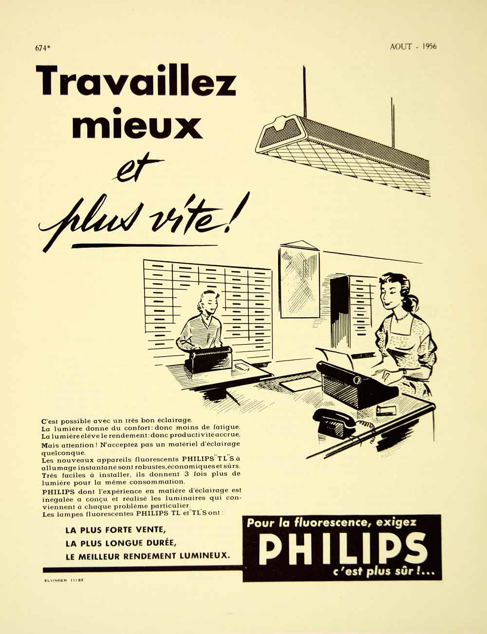 1956 Lithograph French Ad Philips Fluorescent Lights Office Secretaries VENA5