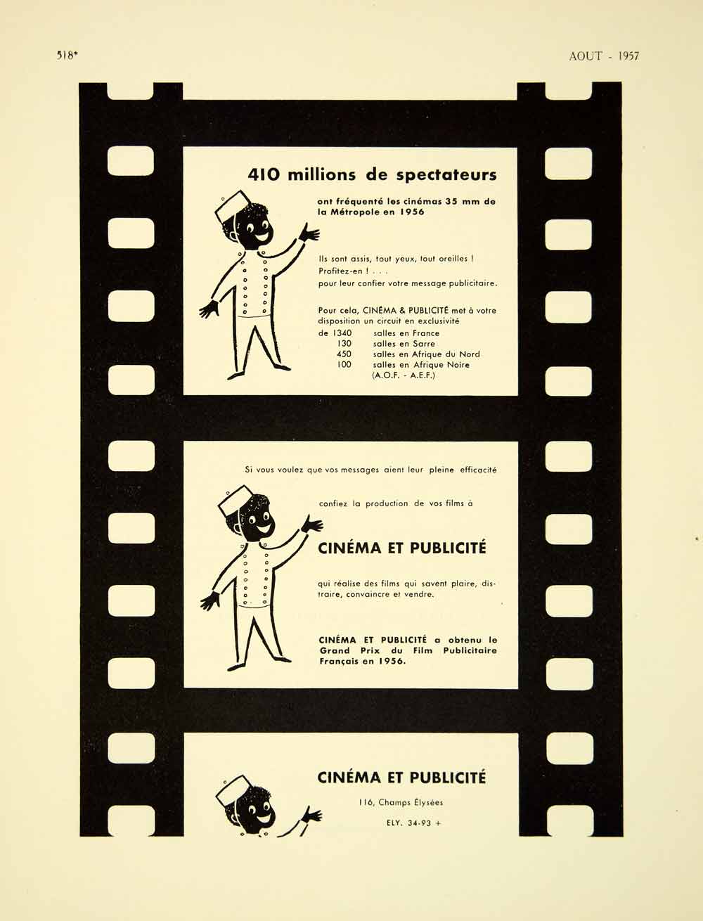 1957 Ad French Advertisement Cinema et Publicite Theatre Film 116 Champs VENA6