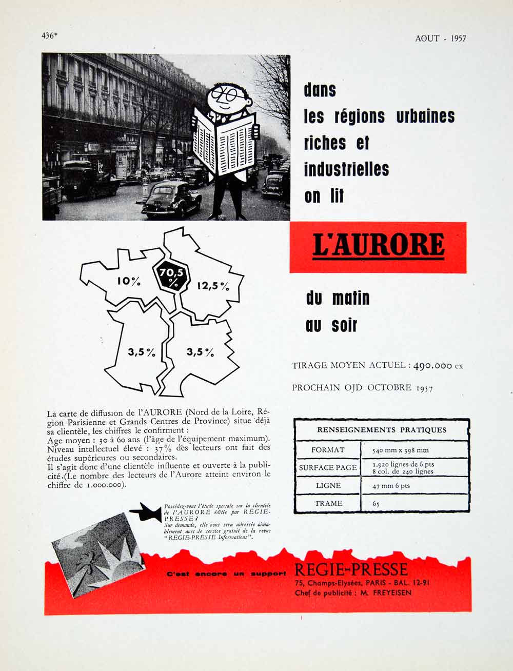 1957 Advertisement L'Aurore Regie-Presse French Paris France Newspaper VENA6