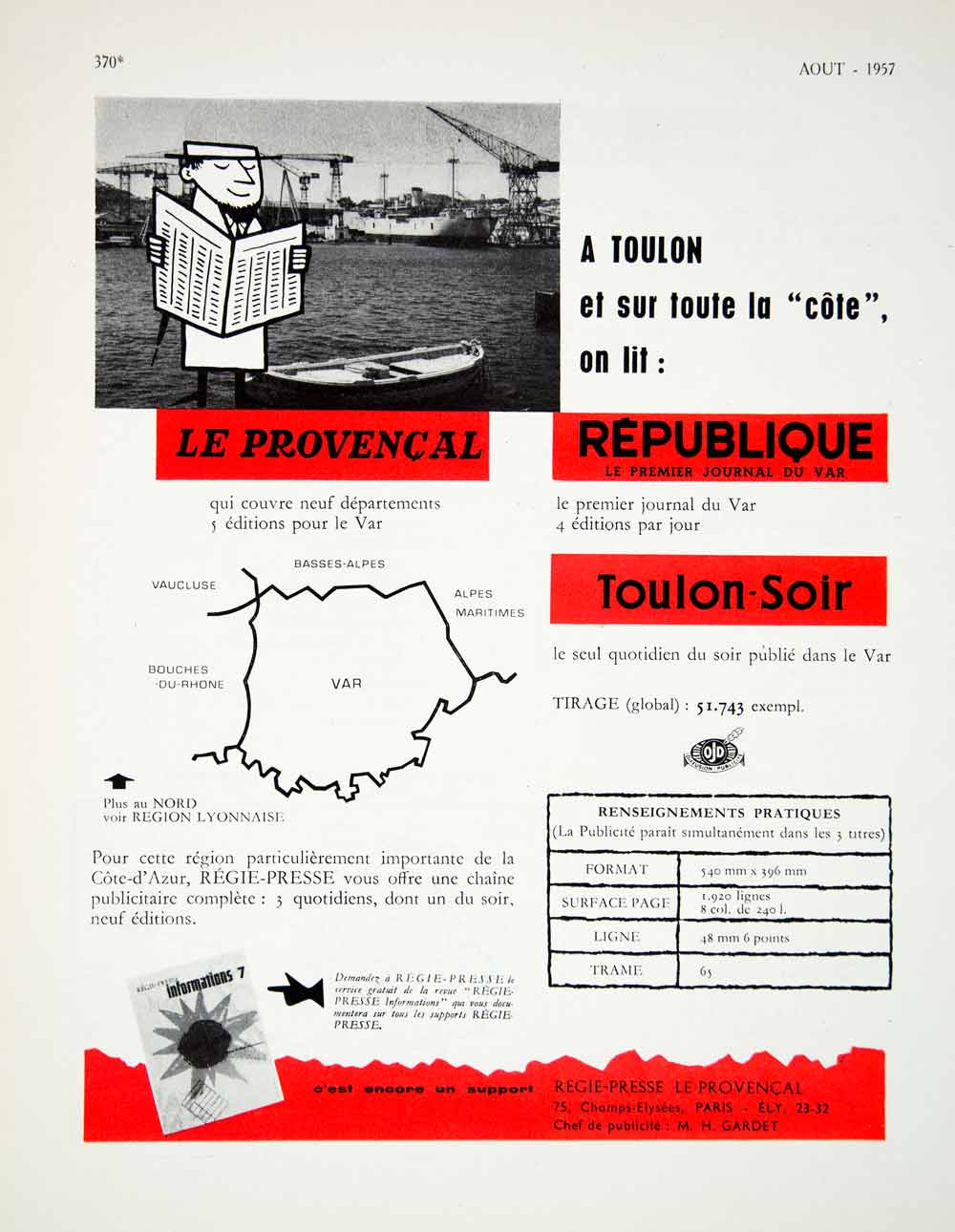 1957 Ad Le Provencal Republique Toulon-Soir Regie-Presse French VENA6
