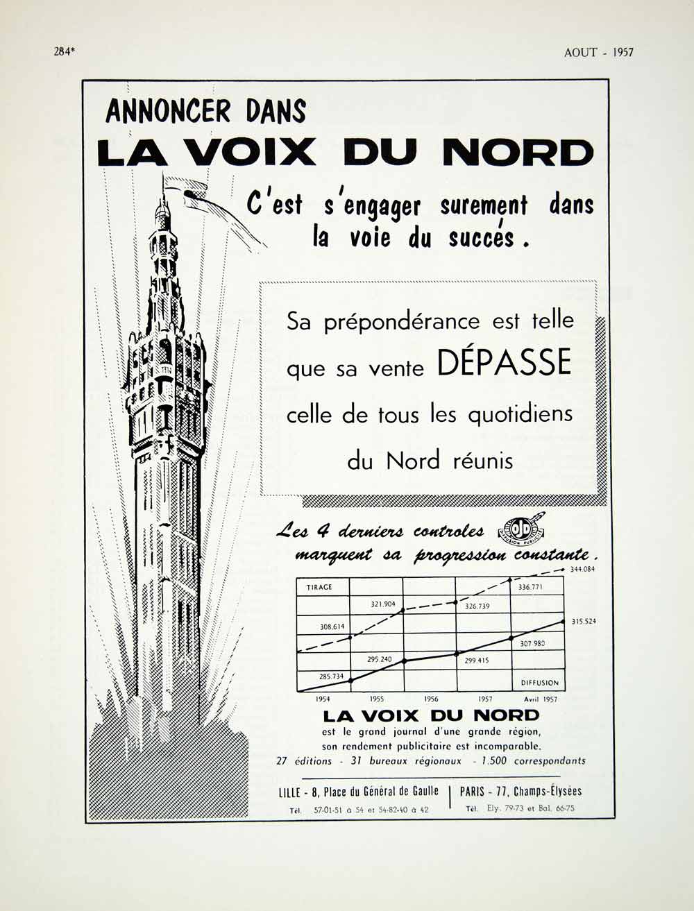 1957 Advert French Newpaper La Voix Du Nord 8 Place General Gaulle Lille VENA6