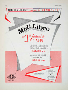 1957 Ad Midi Libre Journal Newspaper Narbonne Carcassonne French VENA6