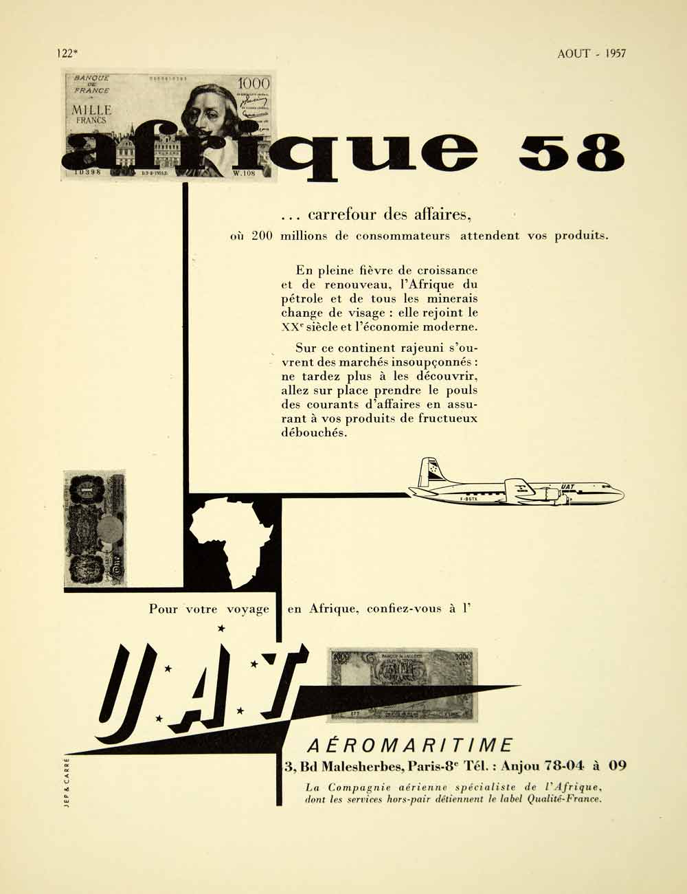 1957 Ad French Advertisement UAT Aeromaritime France Jep Carre Africa VENA6