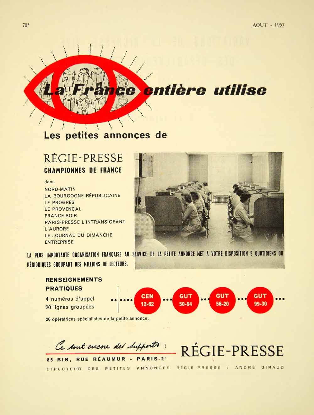 1957 Advertisement Regie-Presse Paris France French Advertising Agency VENA6