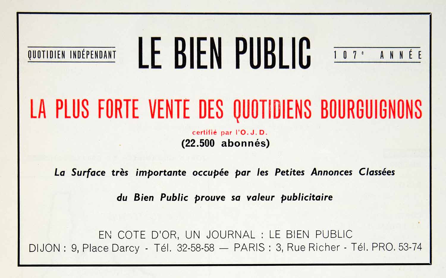 1957 Ad Le Bien Public French Advertisement En Cote D'Or Journal VENA6