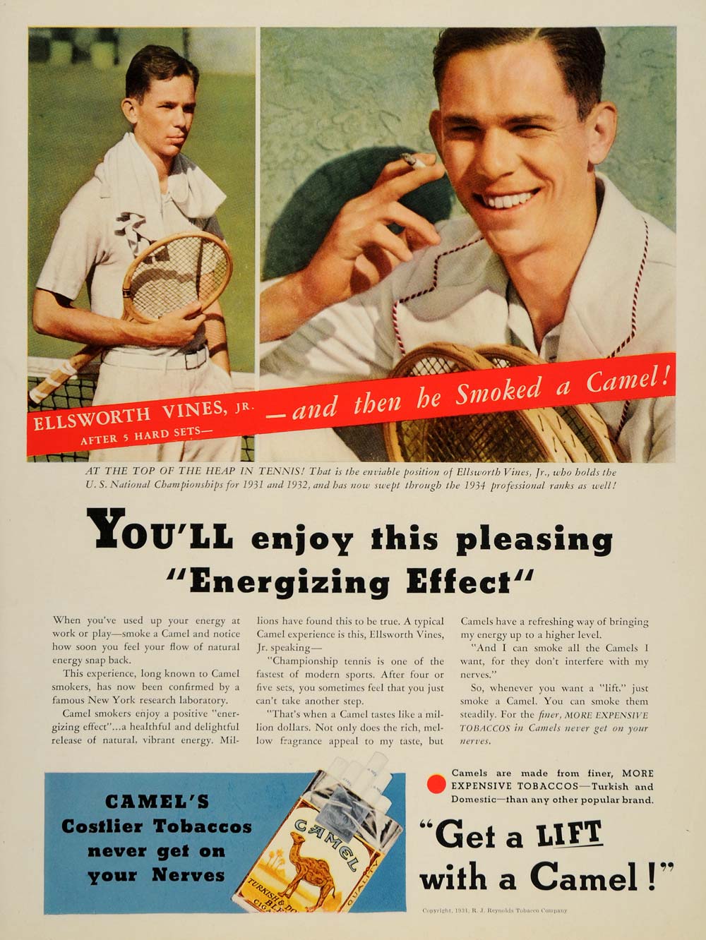 1934 Ad Reynolds Camel Cigarettes Ellsworth Vines Smoke - ORIGINAL VF1