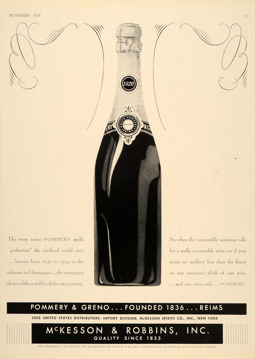 1934 Ad Pommery Greno Champagne McKesson Robbins French - ORIGINAL VF1