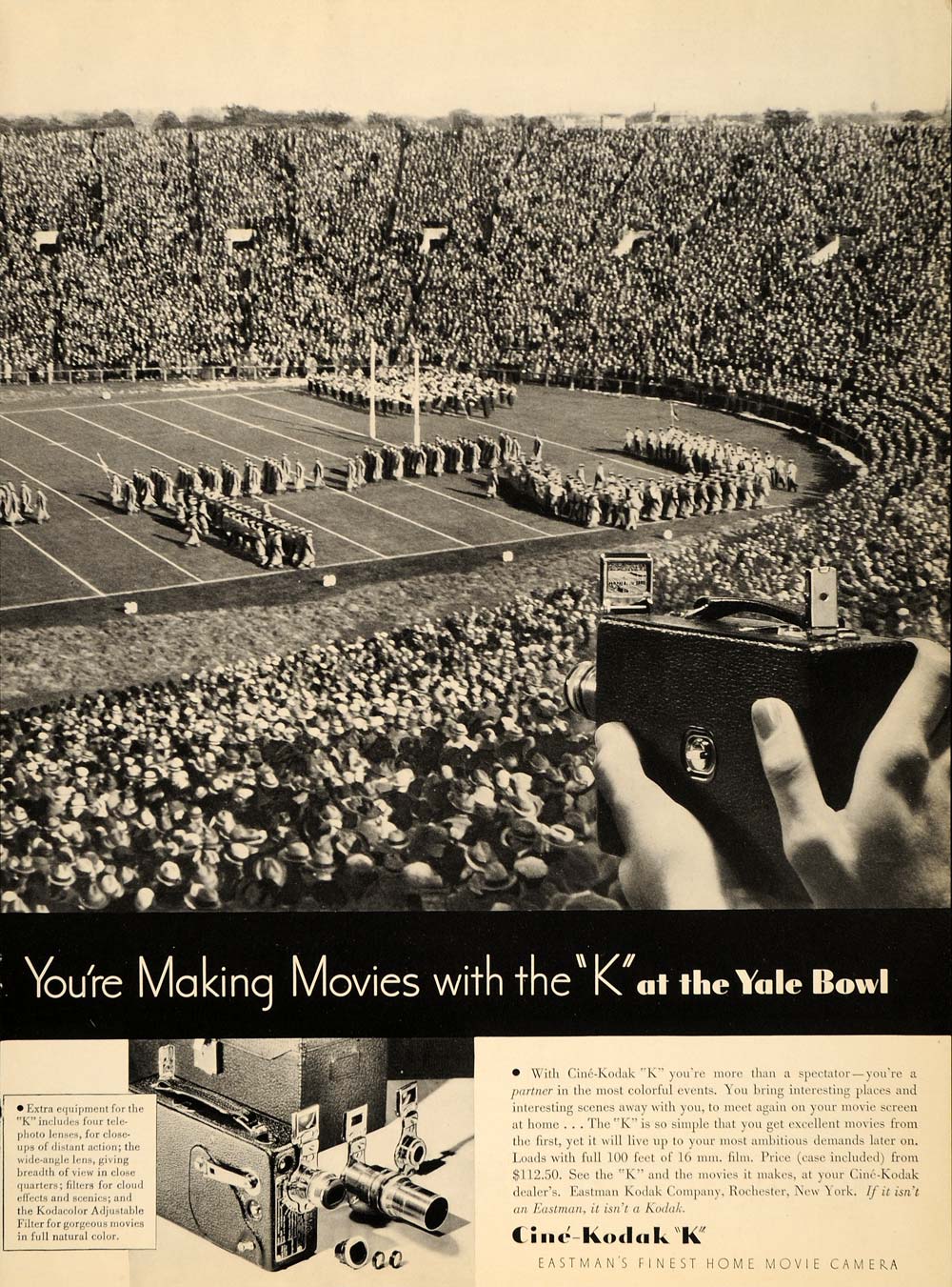 1934 Ad Eastman Kodak Cine K Movie Camera Yale Bowl - ORIGINAL ADVERTISING VF1