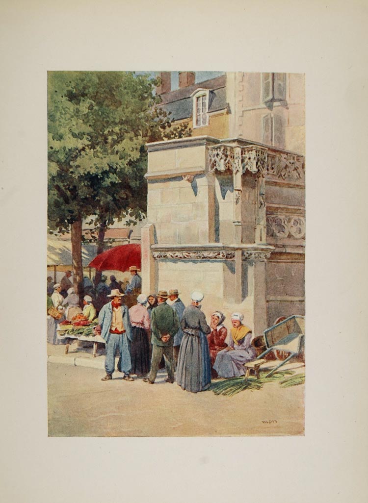 1905 Print Fountain Louis XII Marketplace Blois France - ORIGINAL VN1